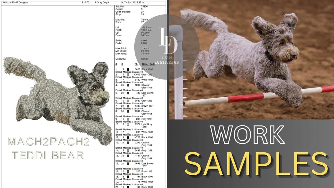 Digitized embroidery of a grey dog jumping an agility bar beside the original photograph