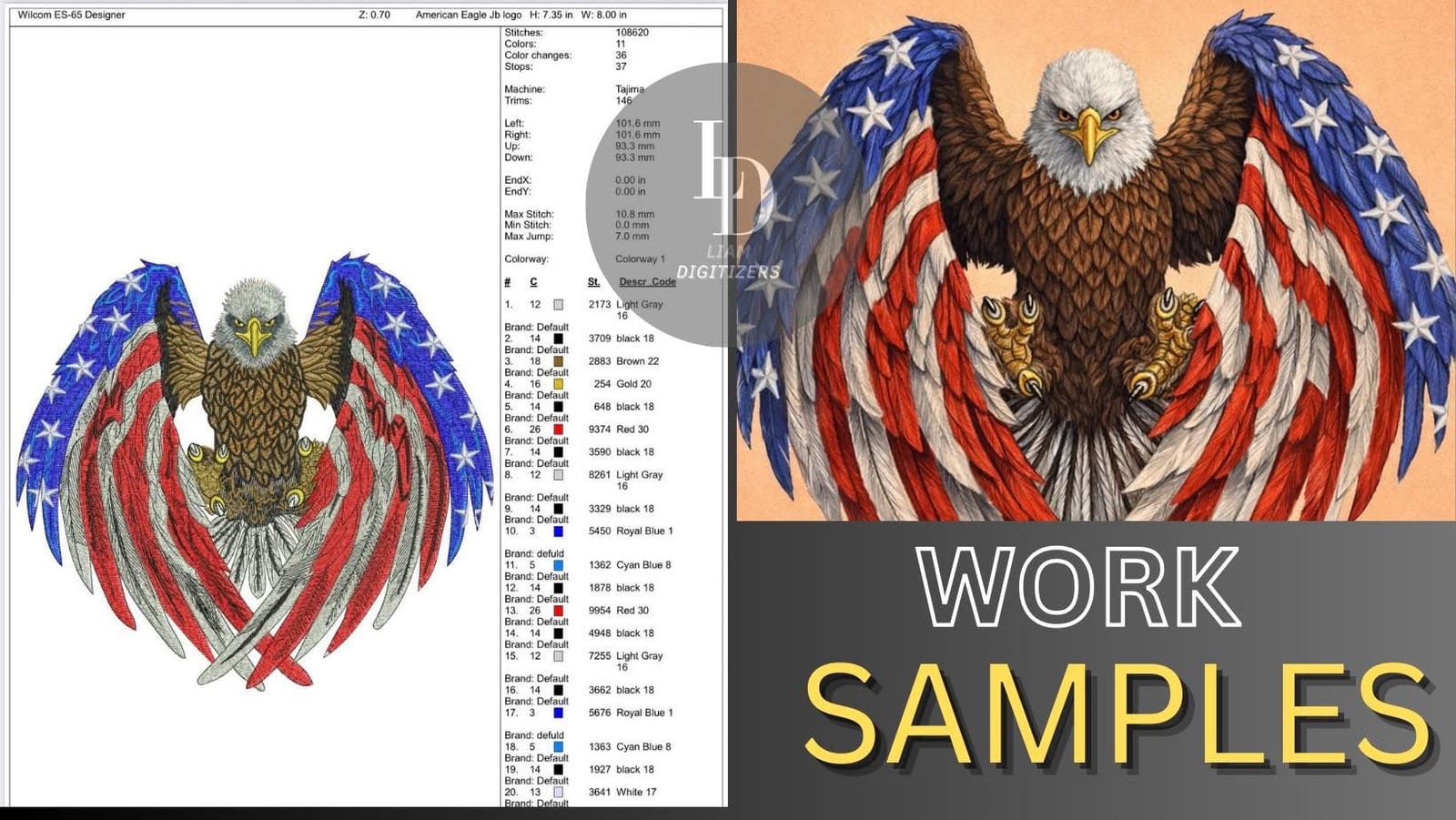 Digitized embroidery of a bald eagle over an American flag beside the original artwork