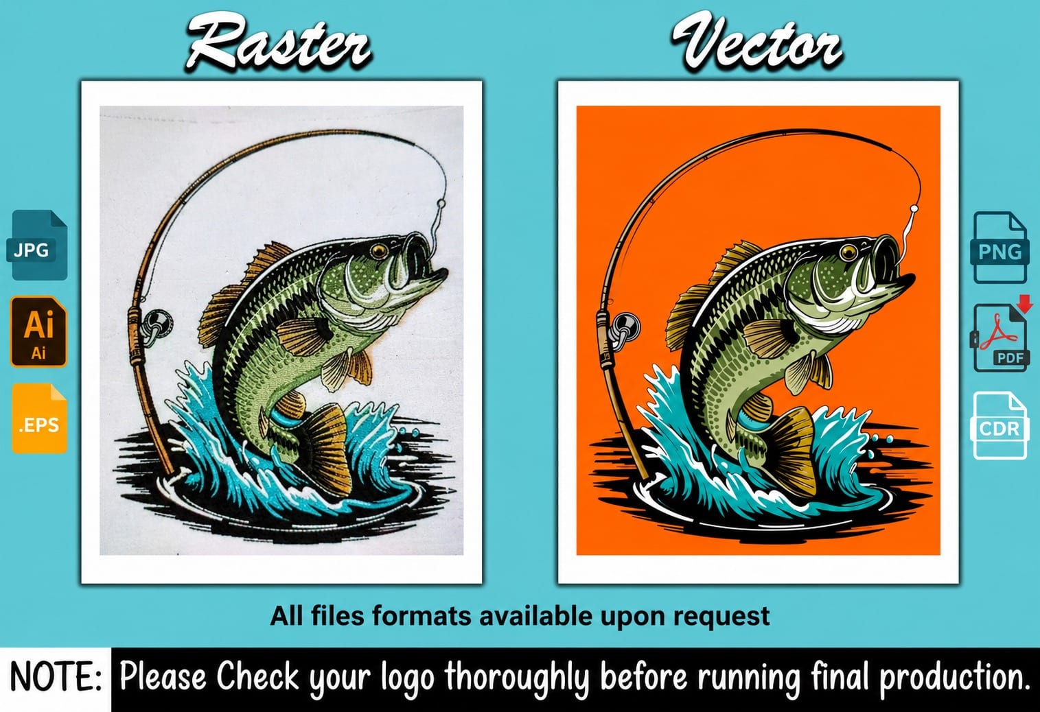 Bass fish and fishing rod illustration shown as the original raster image beside the redrawn vector version
