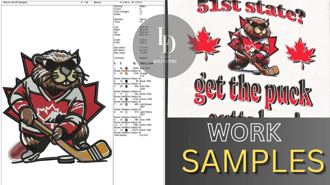 Digitized embroidery of a cartoon beaver in hockey gear beside the original artwork