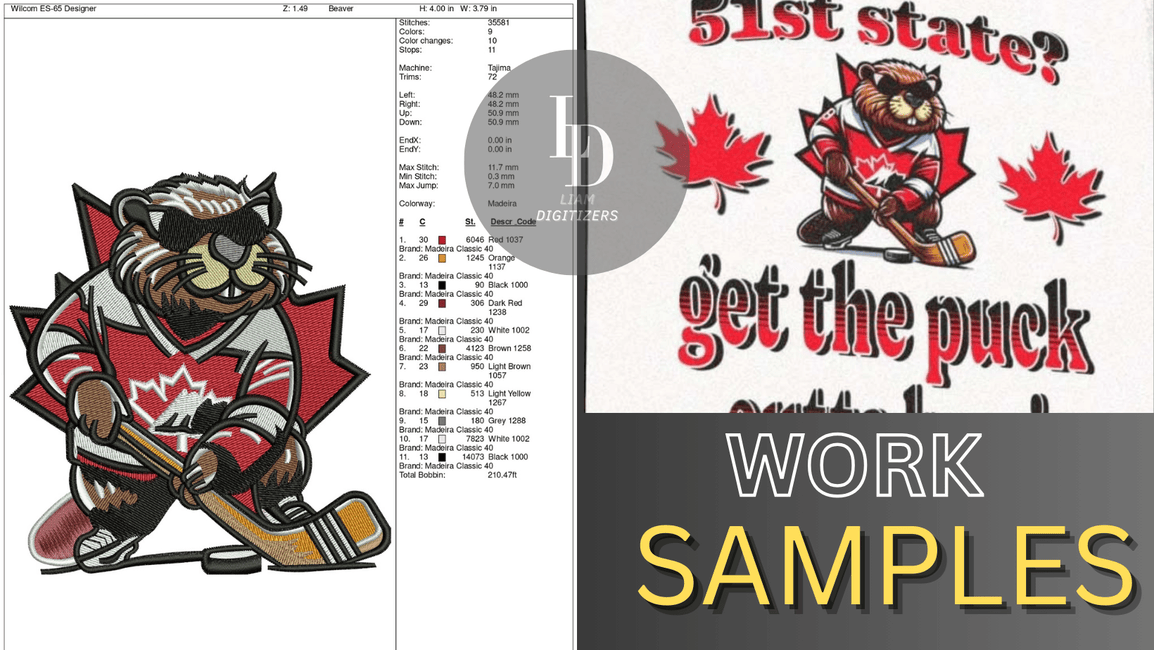 Digitized embroidery of a cartoon beaver in hockey gear beside the original artwork