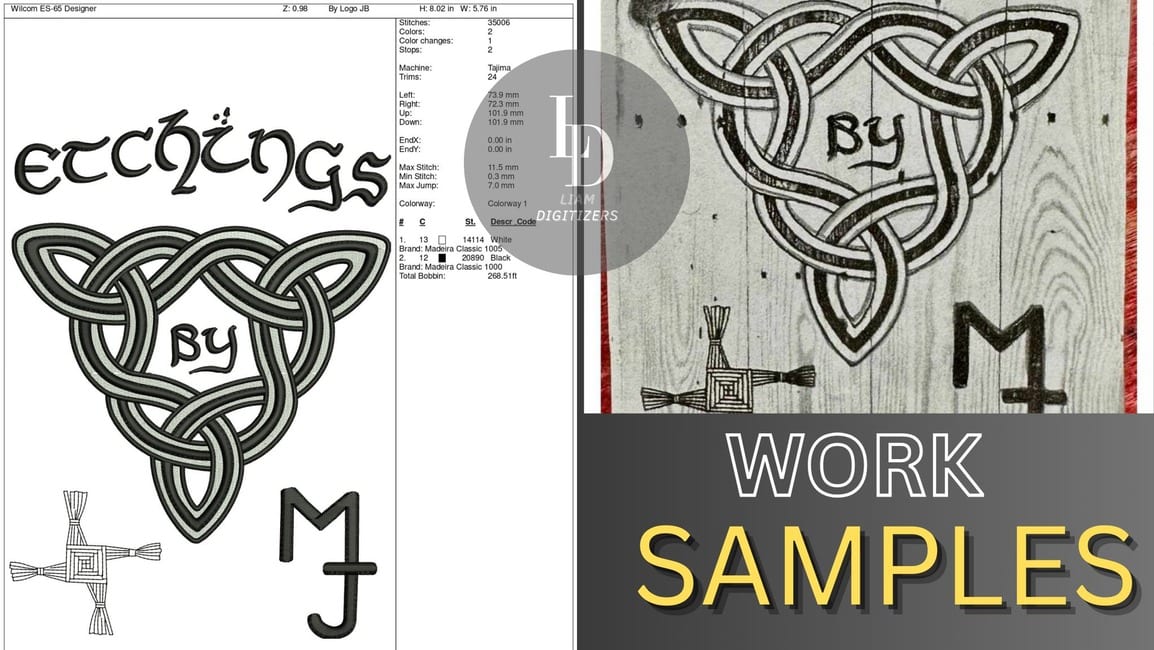 Digitized embroidery of a Celtic knot logo reading Etchings, beside the original wood-burned artwork