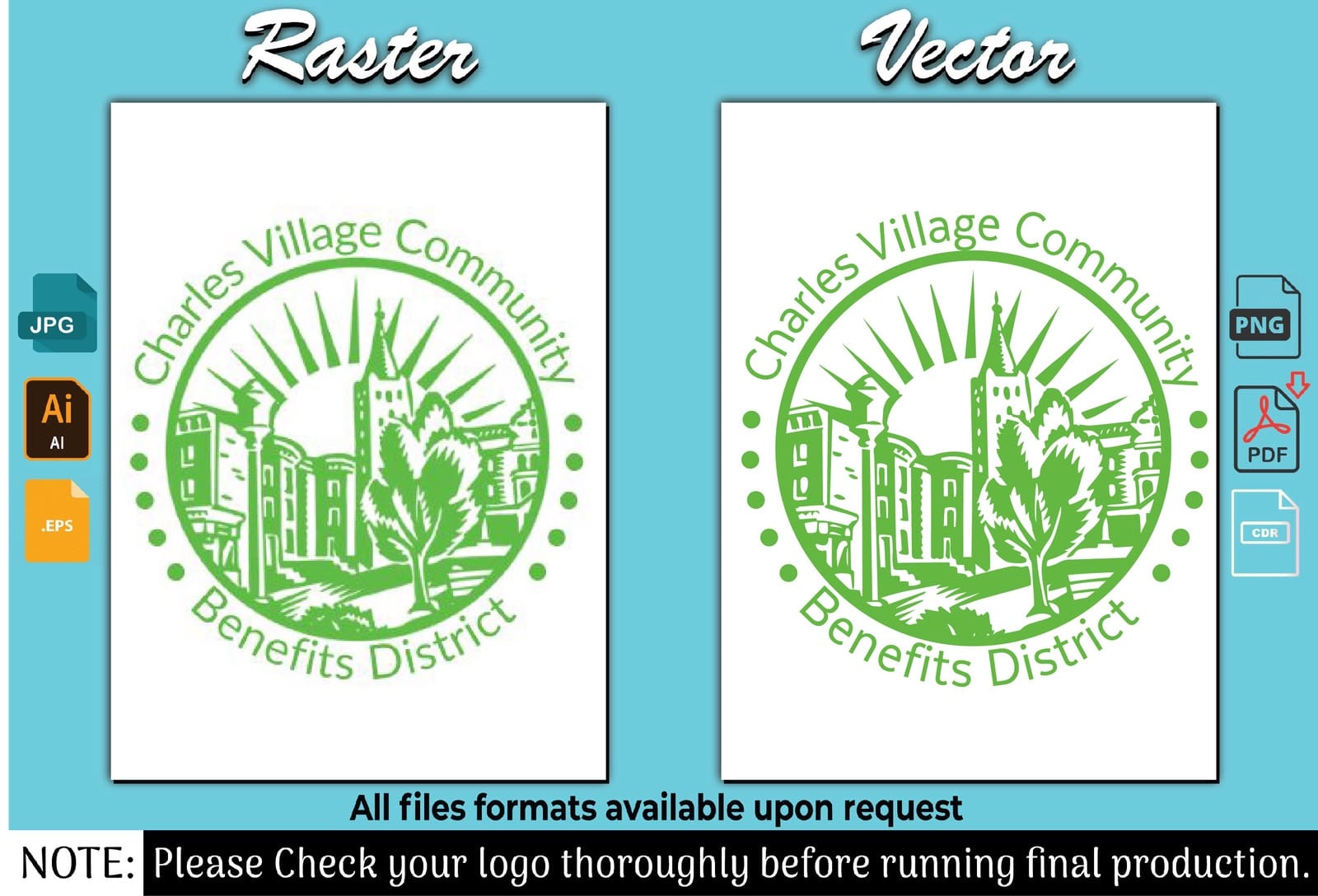 Charles Village Community Benefits District seal shown as the original raster image beside the redrawn vector version