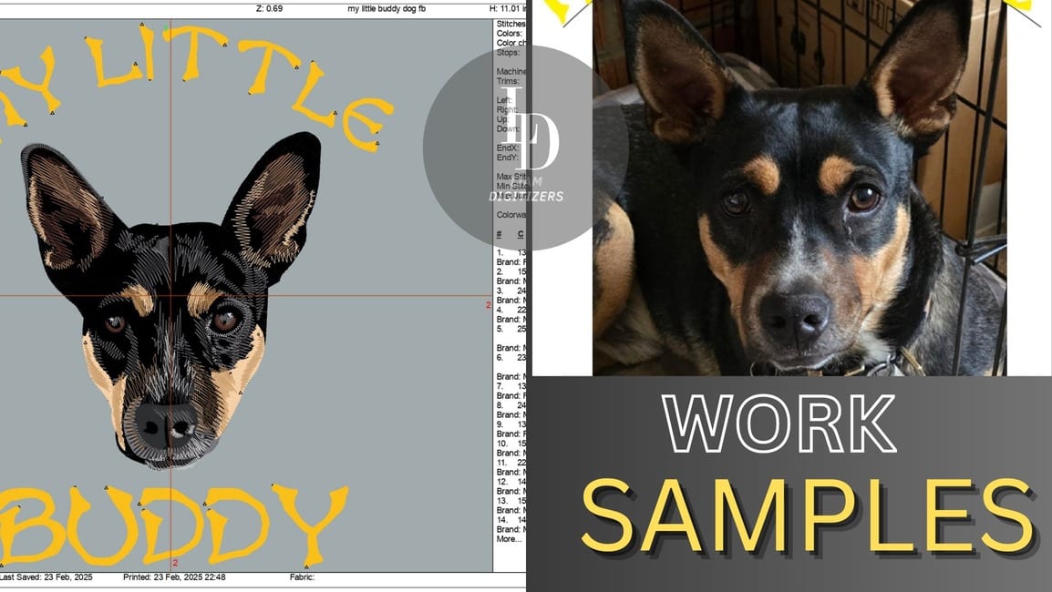 Digitized embroidery of a black and tan dog with the words My Little Buddy, beside the original photograph