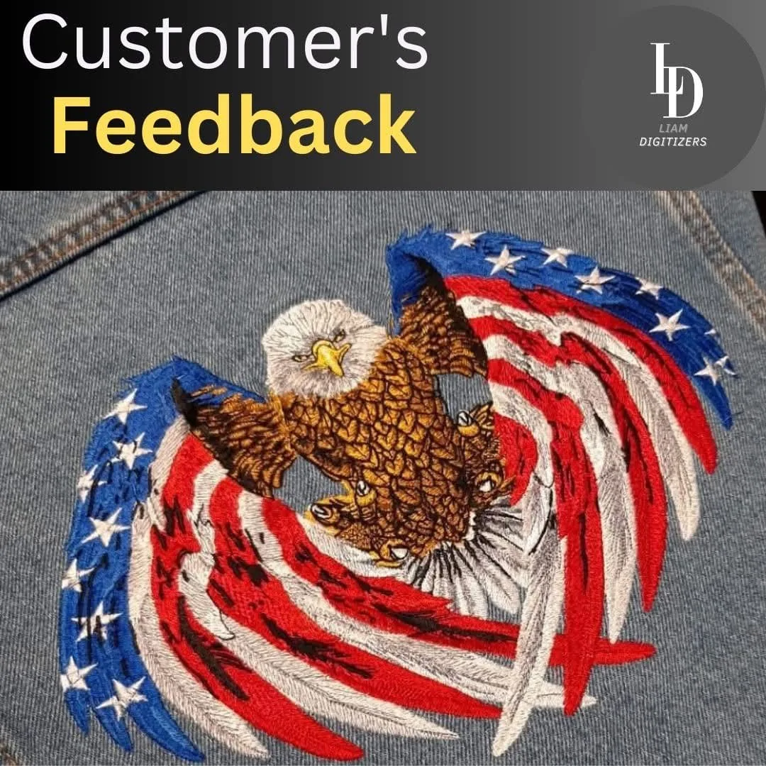 Large embroidered bald eagle and American flag stitched across the back of a denim jacket