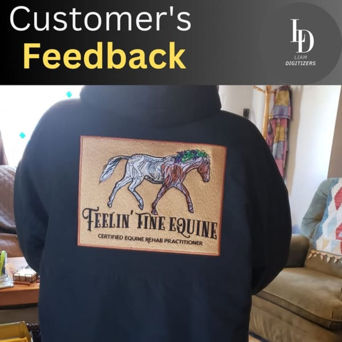 Large embroidered patch of an anatomical horse reading Feelin' Fine Equine, on the back of a navy hoodie