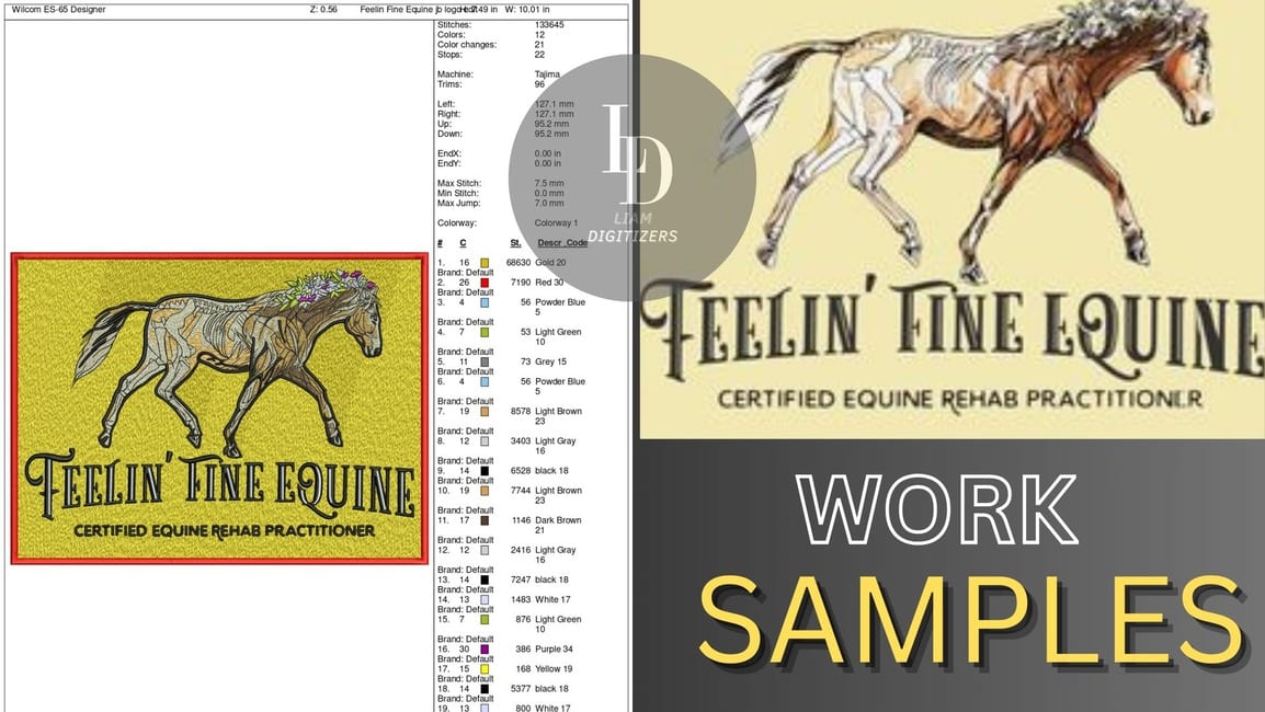 Digitized embroidery of the Feelin' Fine Equine horse logo beside the original artwork