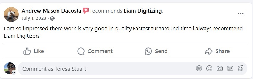 Facebook recommendation screenshot from a customer praising the quality and turnaround time