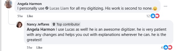 Facebook comment screenshot from two customers recommending Lucas Liam for digitizing