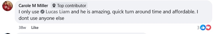 Facebook comment screenshot from a customer describing the work as amazing with quick turnaround