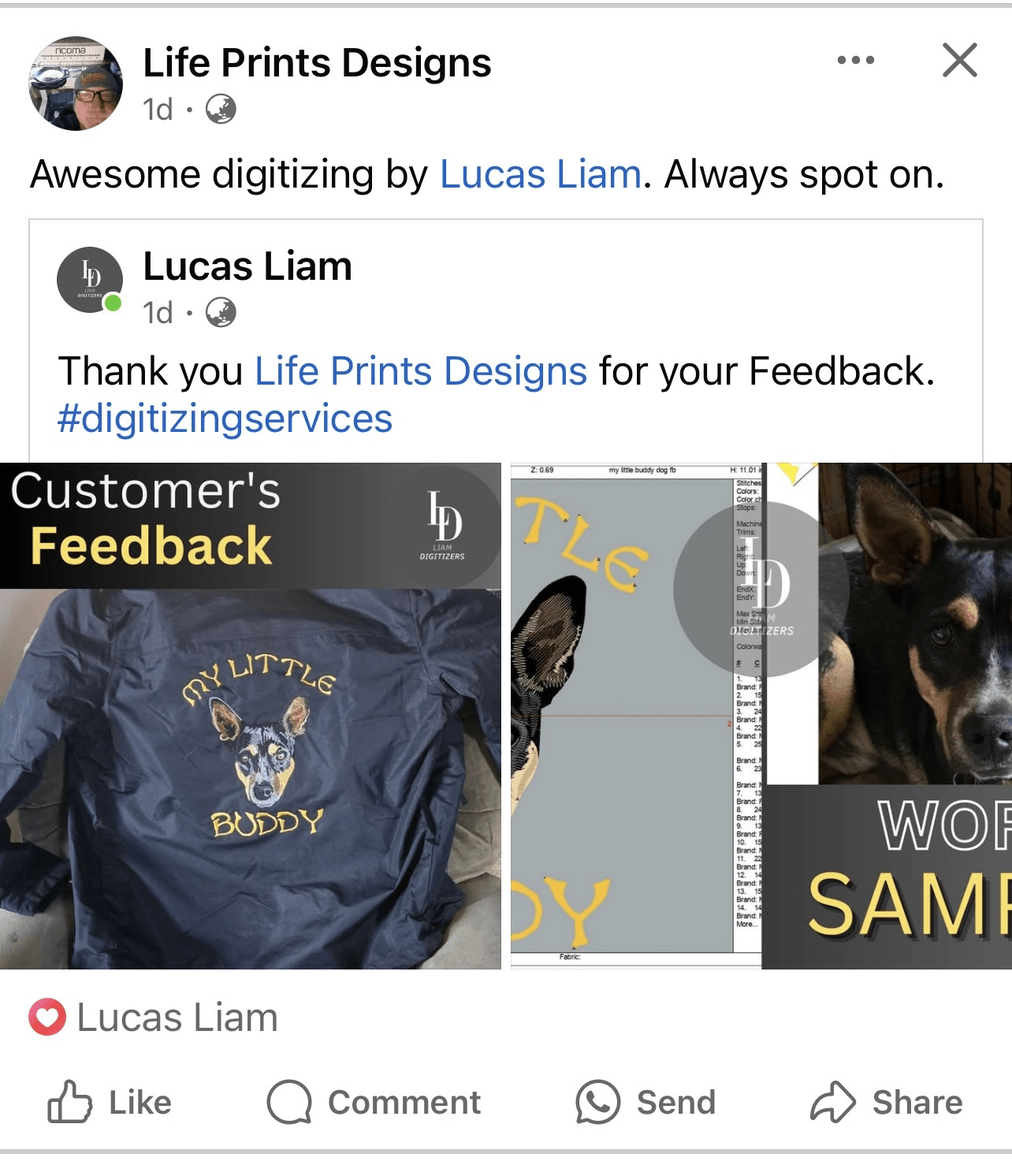 Facebook post screenshot from an embroidery business praising the digitizing, shown with the embroidered jacket they received