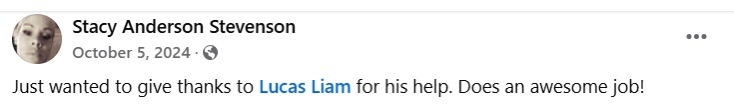 Facebook post screenshot from a customer thanking Lucas Liam for his help