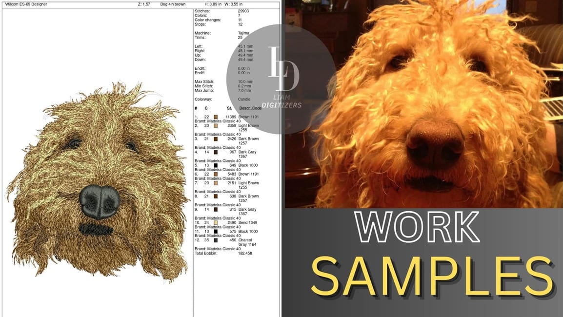 Digitized embroidery of a goldendoodle beside the original photograph of the dog