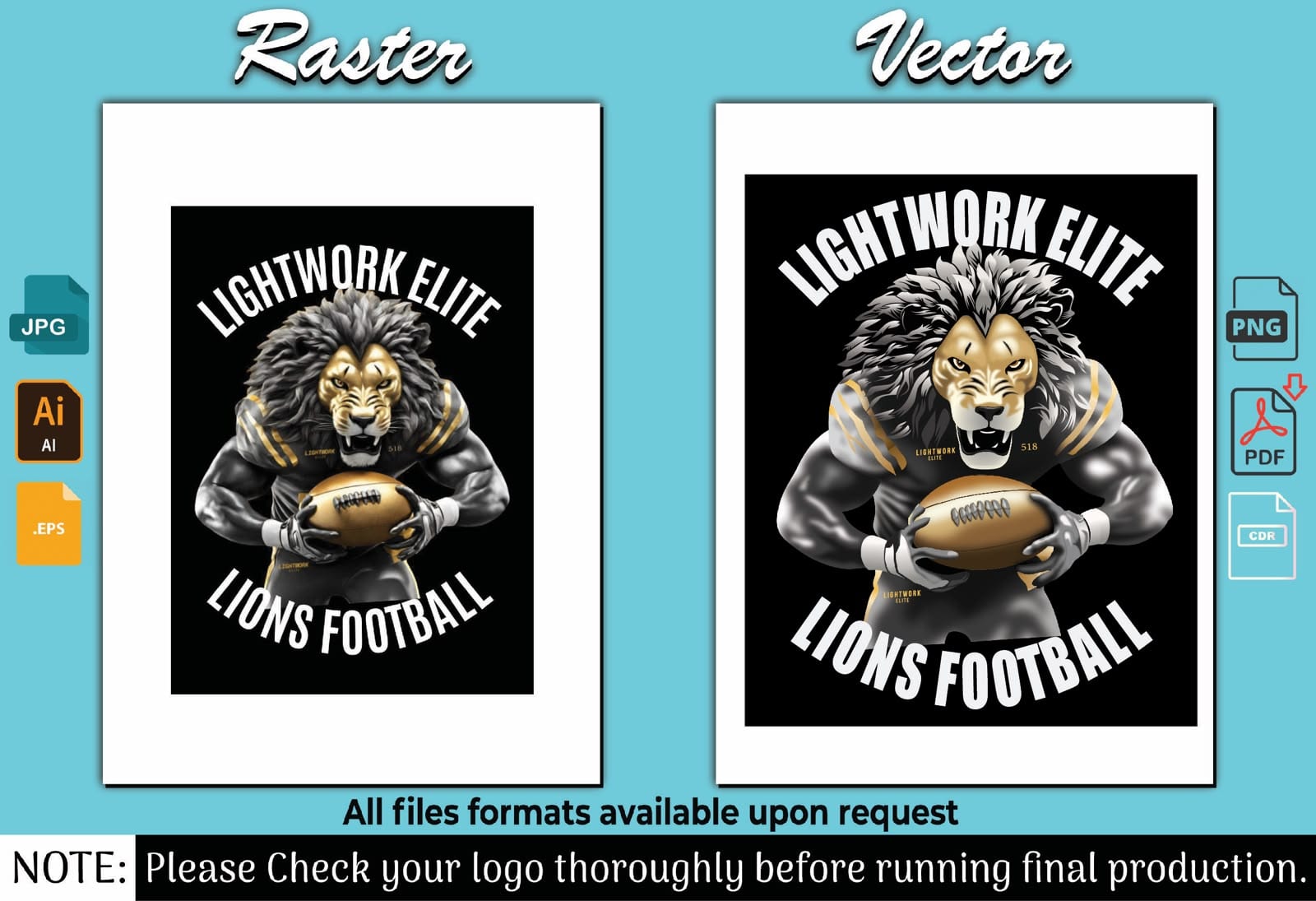 Lightwork Elite Lions Football logo shown as the original raster image beside the redrawn vector version
