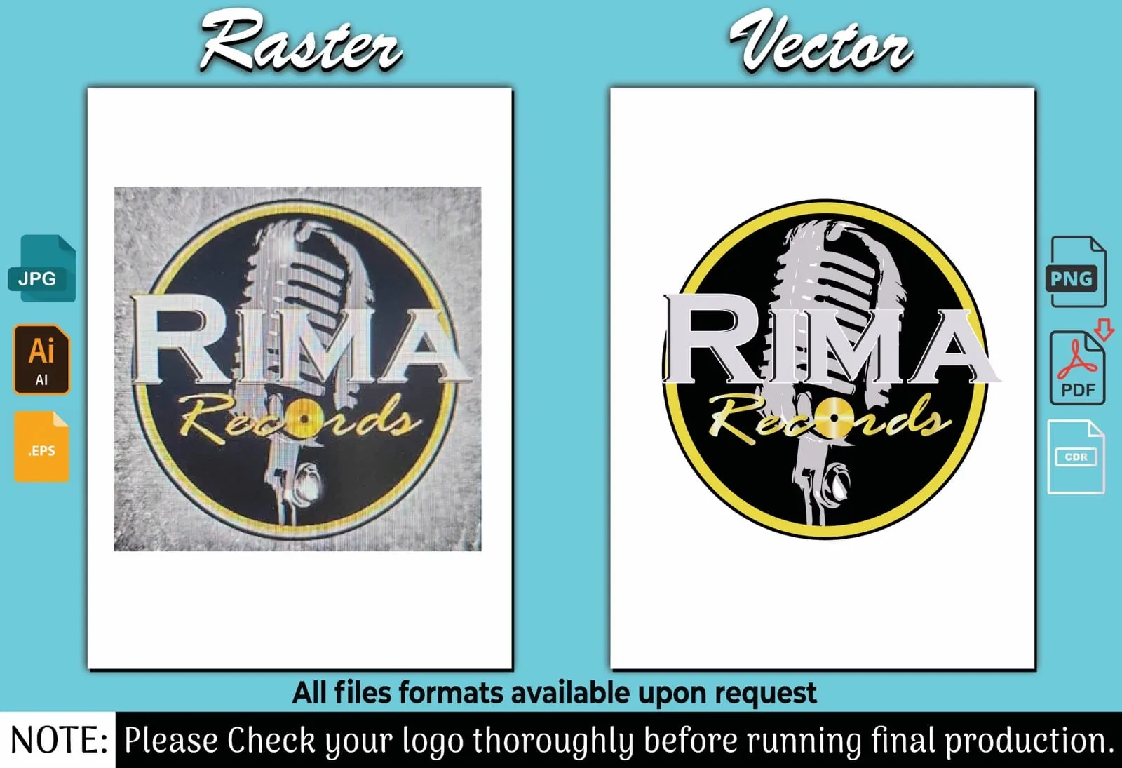 Rima Records microphone logo shown as a blurry photo beside the clean redrawn vector version