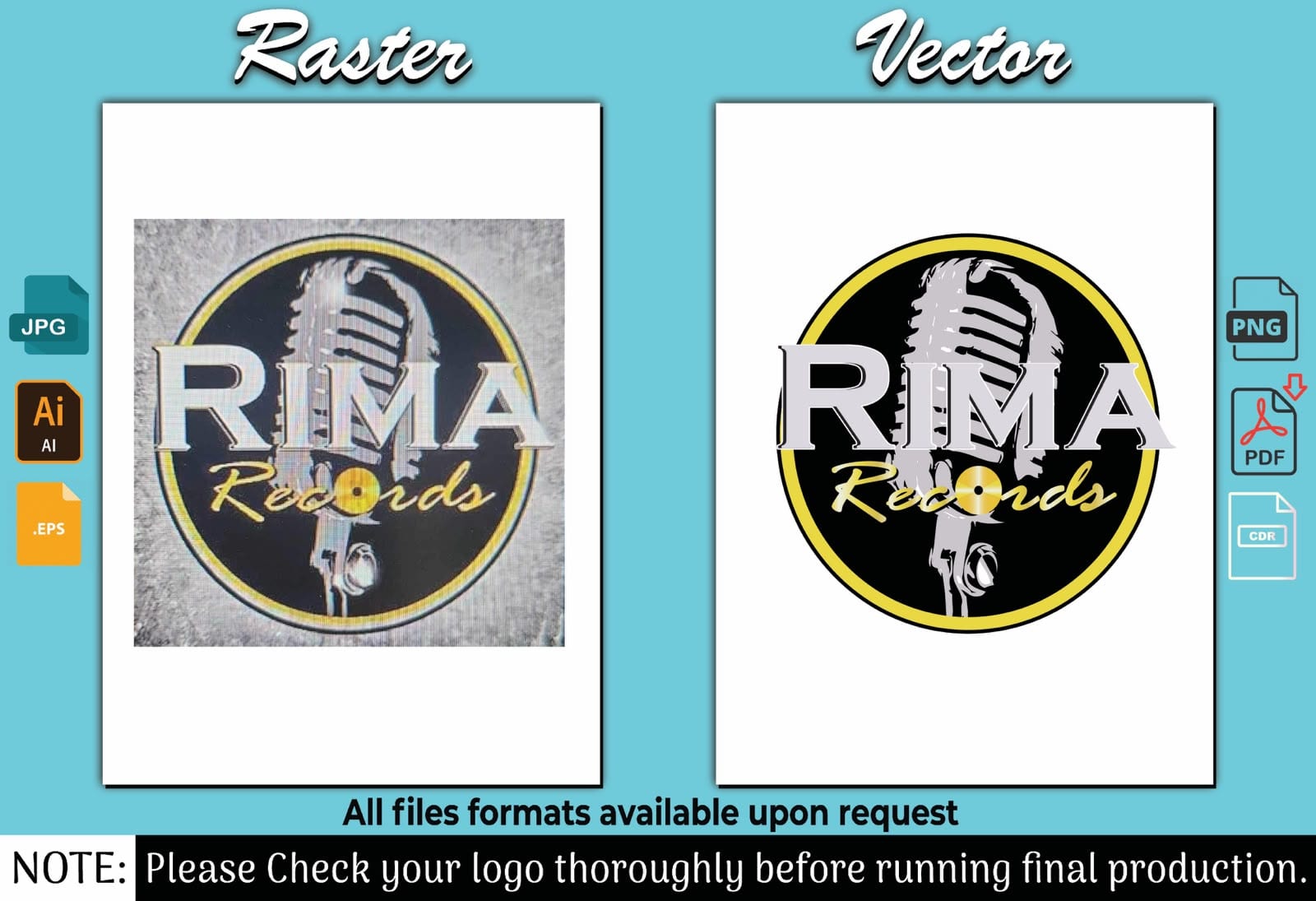 Rima Records microphone logo shown as a blurry photo beside the clean redrawn vector version