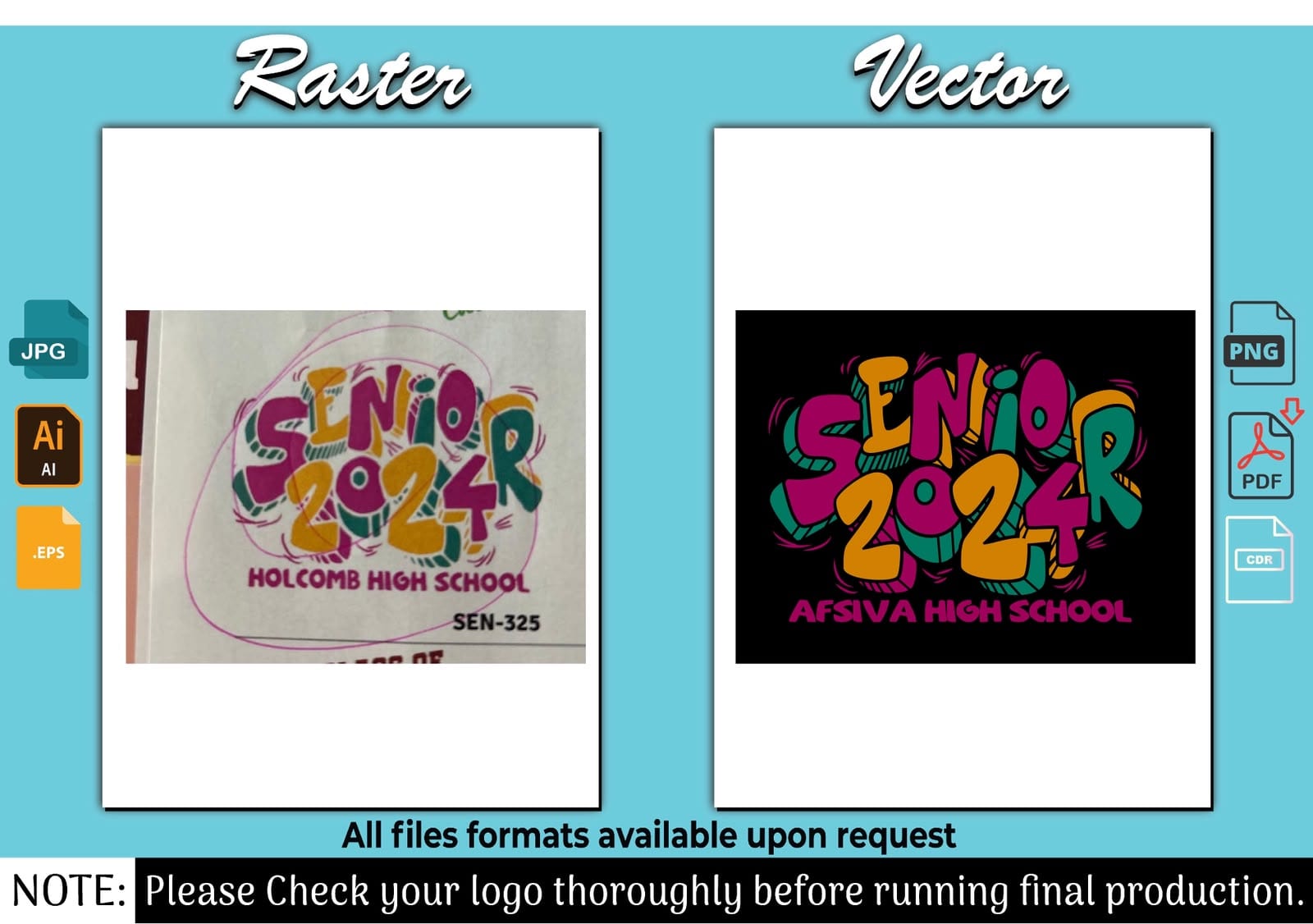 Senior 2024 high school design shown as a photo of a printed sheet beside the redrawn vector version