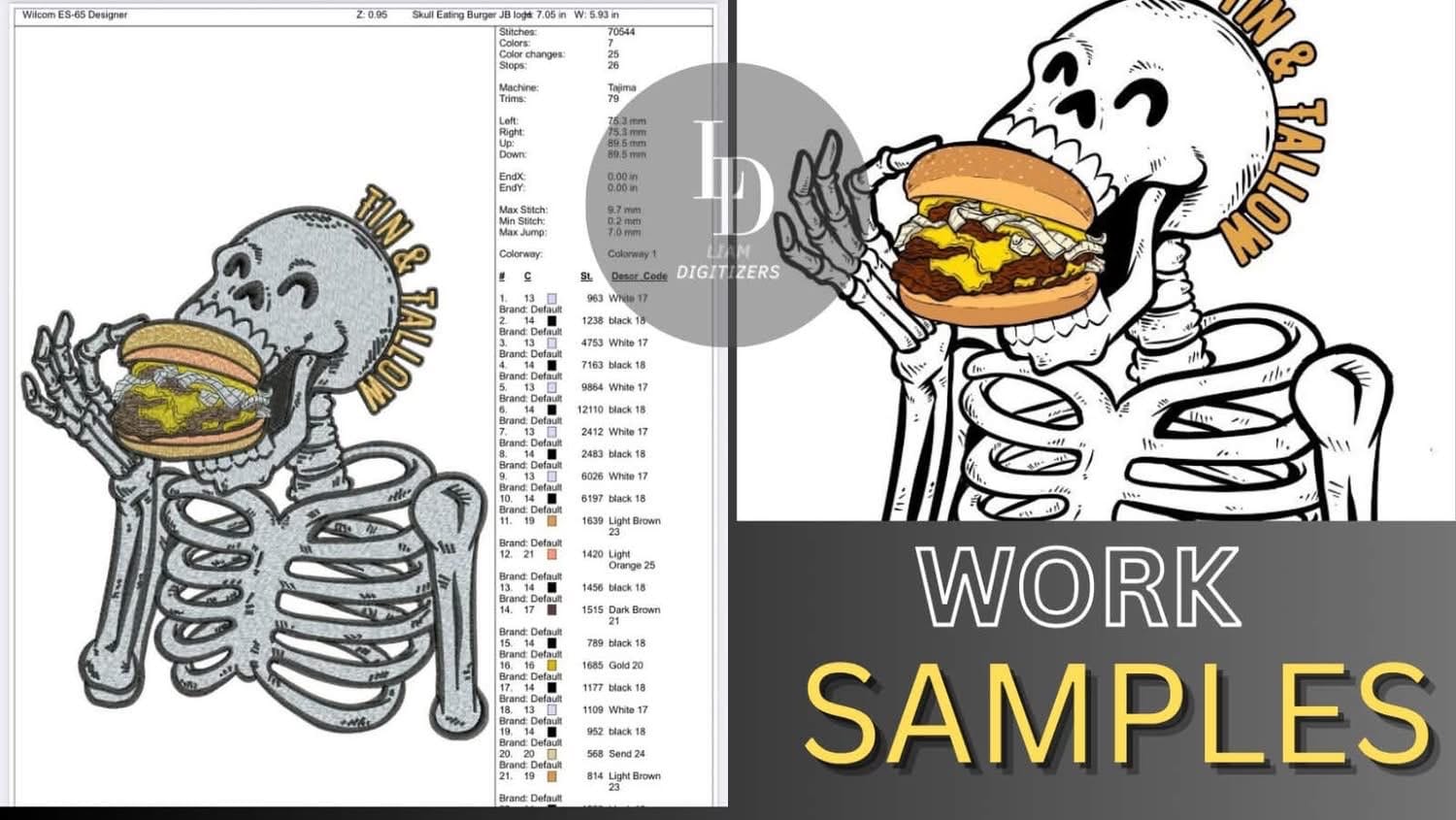Digitized embroidery of a skeleton eating a burger for Tin & Tallow beside the original artwork