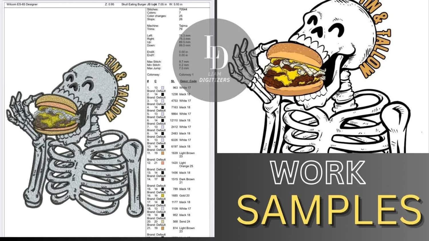 Digitized embroidery of a skeleton eating a burger for Tin & Tallow beside the original artwork