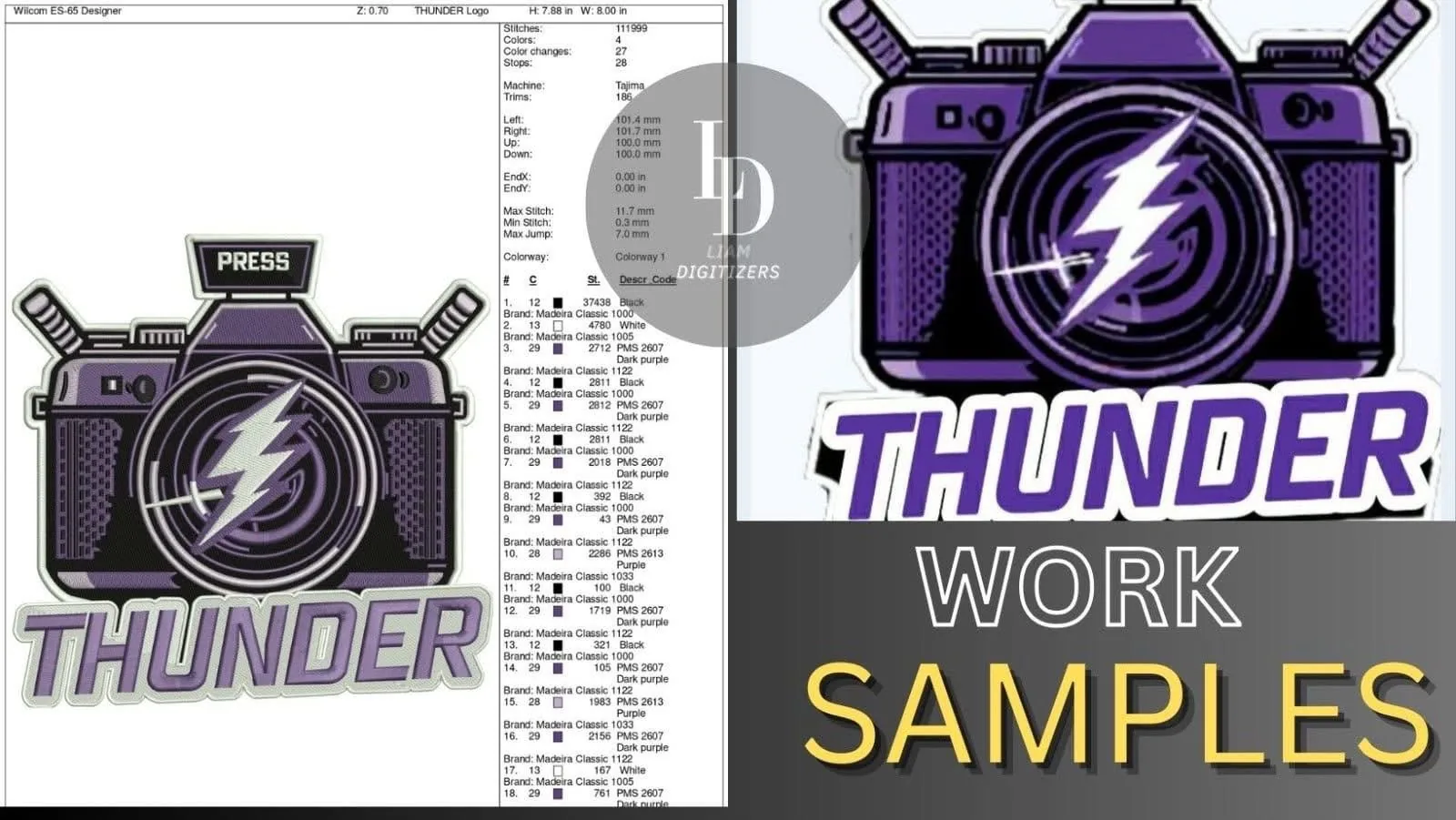 Digitized embroidery of a purple camera logo reading THUNDER beside the original artwork