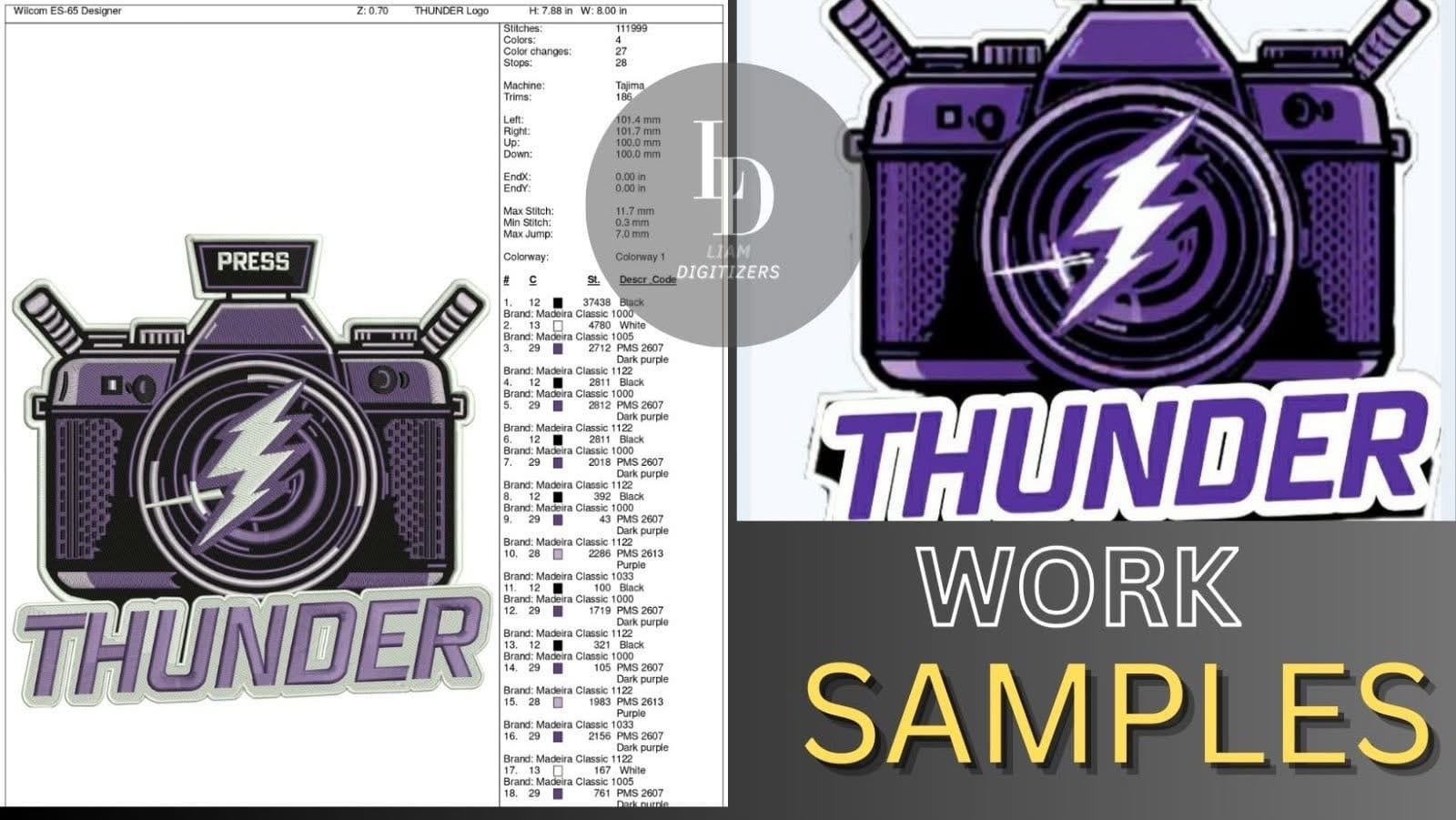 Digitized embroidery of a purple camera logo reading THUNDER beside the original artwork